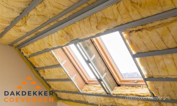 Schuin dak isoleren met glaswol bij dakraam in Coevorden Schuin dak isoleren met glaswol bij dakraam in Coevorden
