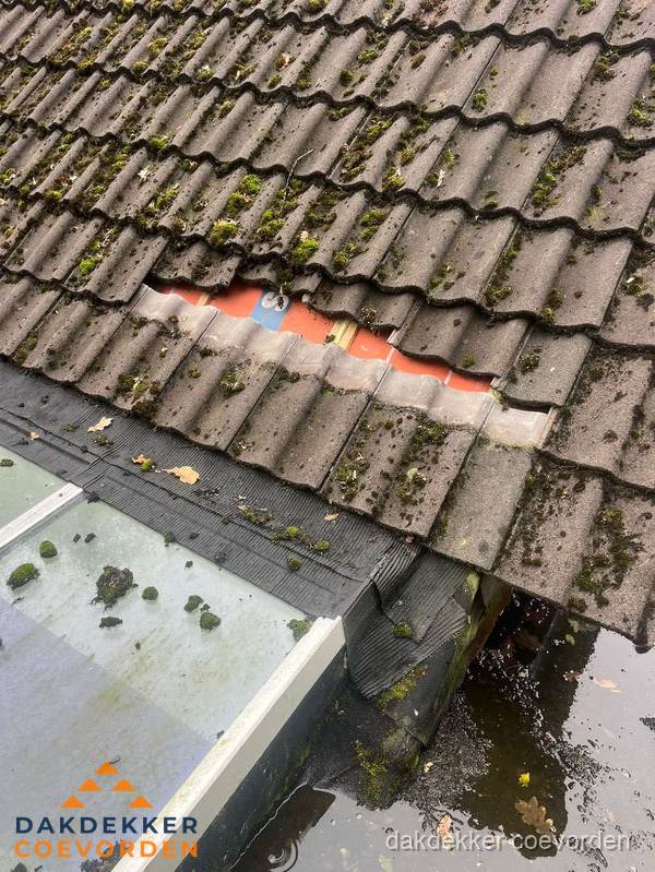 Beschadigd pannendak met ontbrekende dakpannen voor reparatie in Coevorden Beschadigd pannendak met ontbrekende dakpannen voor reparatie in Coevorden