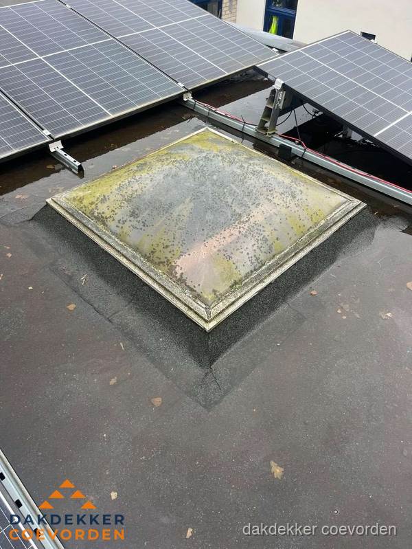 Vervuilde lichtkoepel op plat dak met zonnepanelen in Coevorden Vervuilde lichtkoepel op plat dak met zonnepanelen in Coevorden